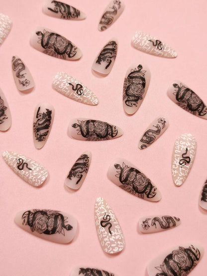 24pcs Long Stiletto French Press On Nails, White Red Cherry Pattern With 3D Bow And Pearl Decor, Romantic Bling Nail Set For Party Look