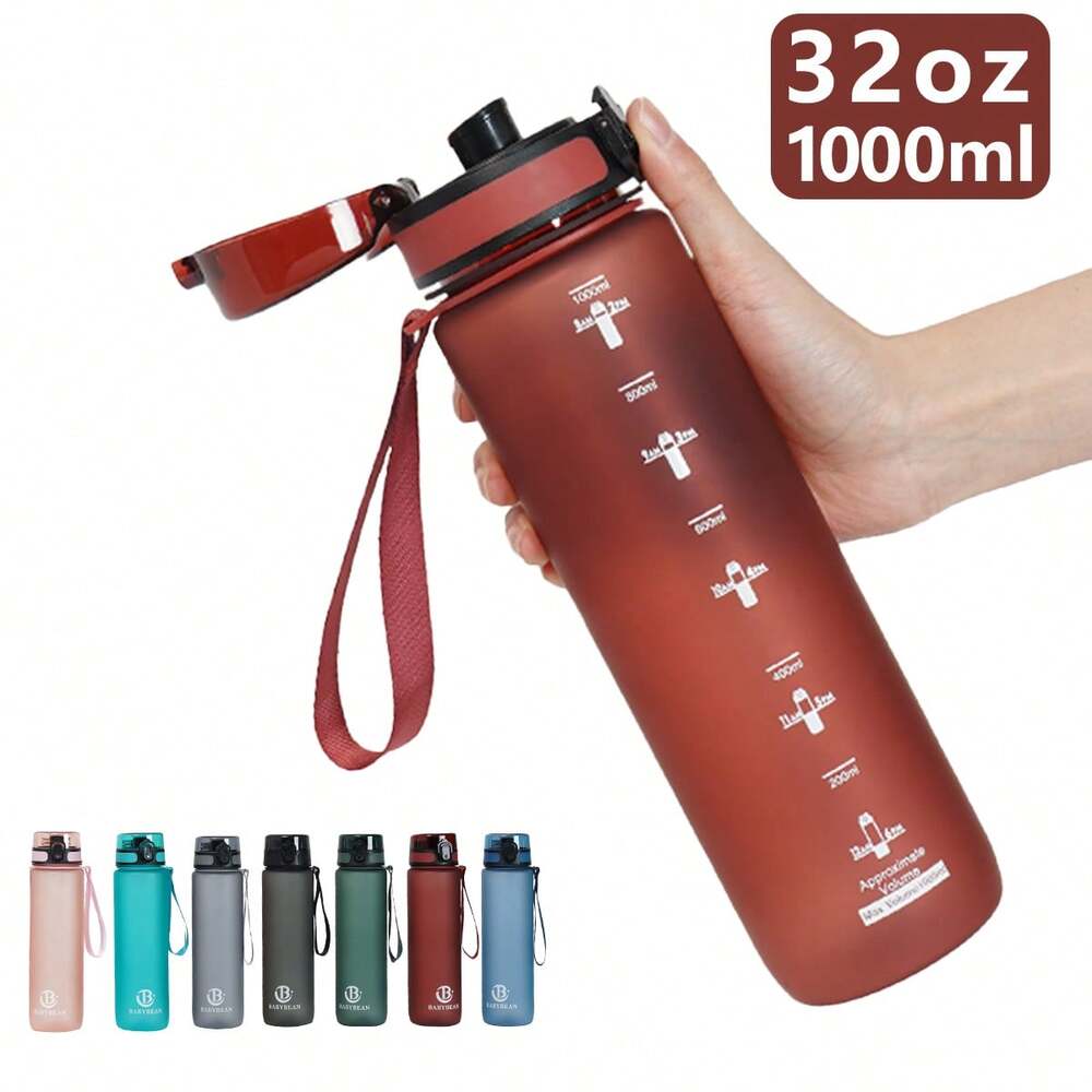34oz Sports Water Bottle with Time Marker & Carry Strap, Leak-Proof Large Capacity Reusable Bottle for Gym, School, Biking & Outdoor Fitness (1pc)