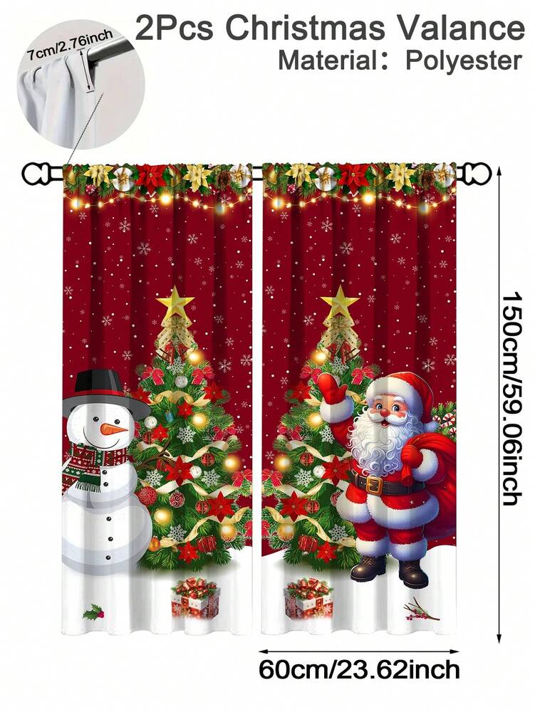 Santa Claus & Snowman Christmas Curtain Valance, 1–2 Piece Polyester Window Decor with Rod Pocket for Kitchen, Living Room or Bedroom