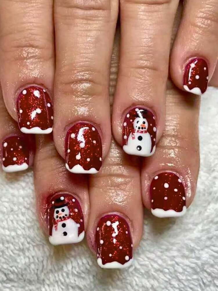 24pcs Christmas Press-On Nails, Short Square Snowman Design with Glitter French Tips, Acrylic False Nail Set with Jelly Glue & File for Holiday Wear