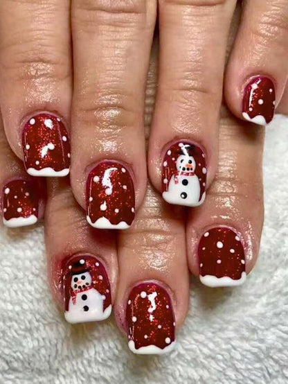 24pcs Christmas Press-On Nails, Short Square Snowman Design with Glitter French Tips, Acrylic False Nail Set with Jelly Glue & File for Holiday Wear