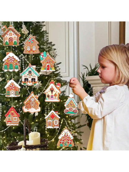 12pcs Gingerbread House Hanging Ornaments, Cute Christmas Tree Decorations for Home, Parties, and Holiday Gift Giving