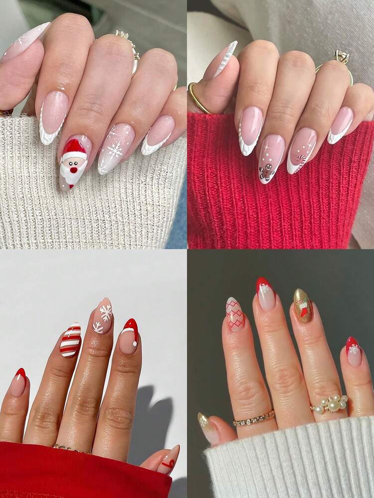 Christmas Long Almond Press On Nails 24pcs, Red French Tips With White Snowflakes And Santa Hat Design, Acrylic False Nails Set For Holiday Or Party