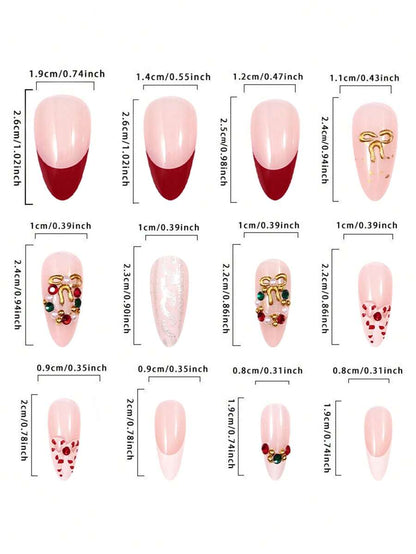 24pcs Red Glitter Christmas Press On Nails, Short Square Bling False Nails With Cute Elk Grid Design, Festive Nail Set Gift For Women Party Wear
