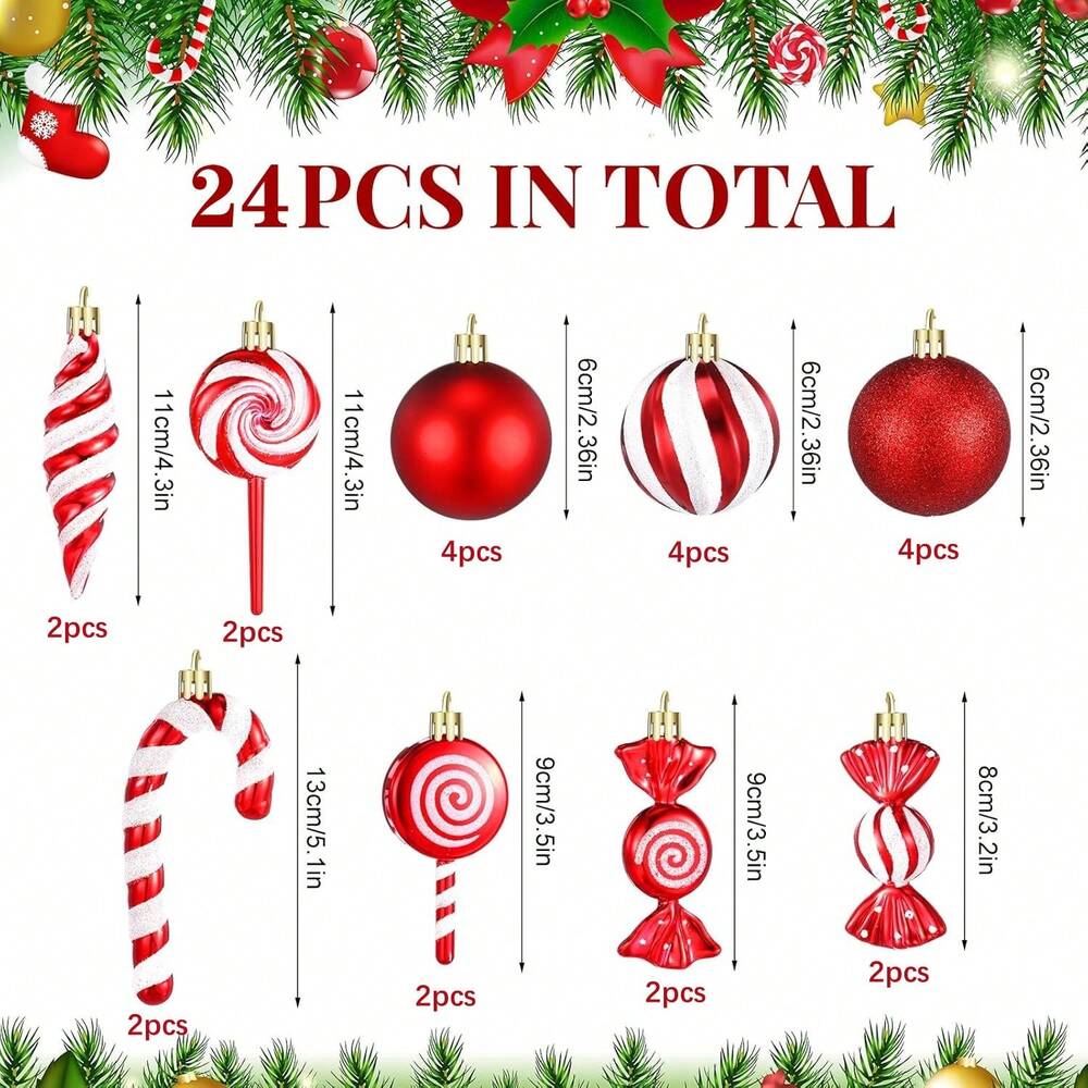 14/24pcs Red Candy Cane Ball Ornaments, Shatterproof Christmas Tree Hanging Decorations, Perfect for Holiday Home Decor and Gift Ideas