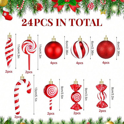 14/24pcs Red Candy Cane Ball Ornaments, Shatterproof Christmas Tree Hanging Decorations, Perfect for Holiday Home Decor and Gift Ideas
