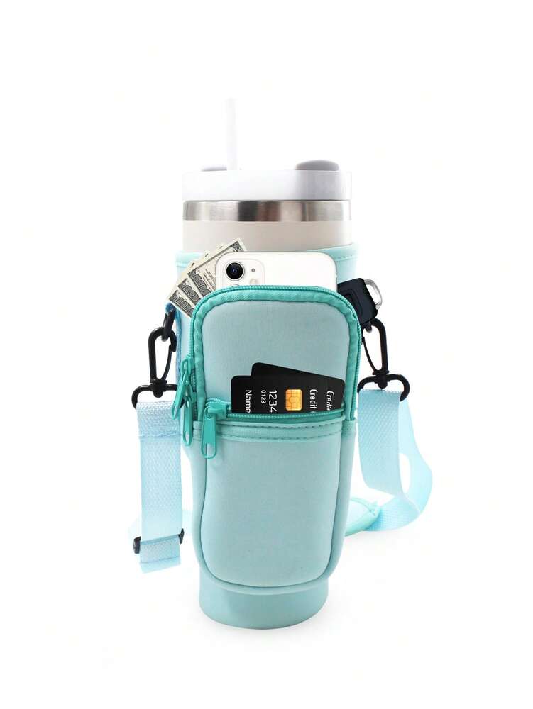 Portable 40oz Tumbler Cup Case with Adjustable Strap, Dual Storage Pockets for Travel or Outdoor Use, Functional Fitness Cup Cover and Wallet Combo