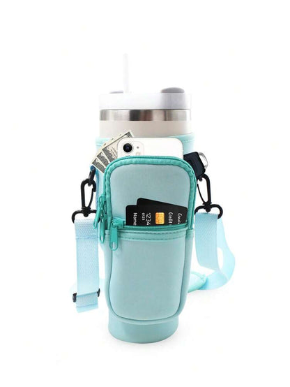 Portable 40oz Tumbler Cup Case with Adjustable Strap, Dual Storage Pockets for Travel or Outdoor Use, Functional Fitness Cup Cover and Wallet Combo