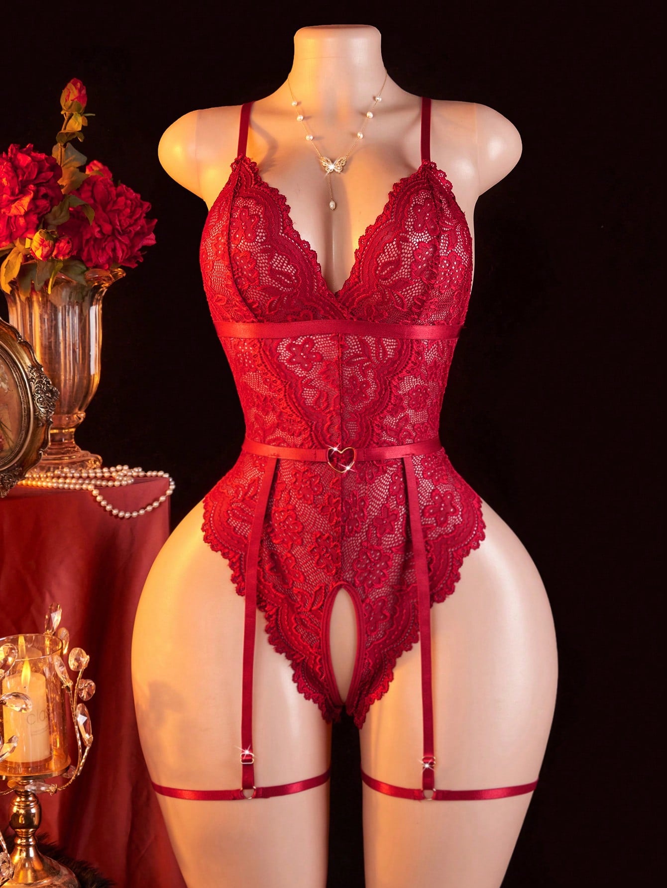 New Sexy Lingerie Set For Women, Triangle Cup Adjustable Criss-Cross Strap Single-Row Snap Backless Bodysuit, Semi-Sheer Lace Crotchless Bodystocking With Adjustable Waist Belt And Leg Garters