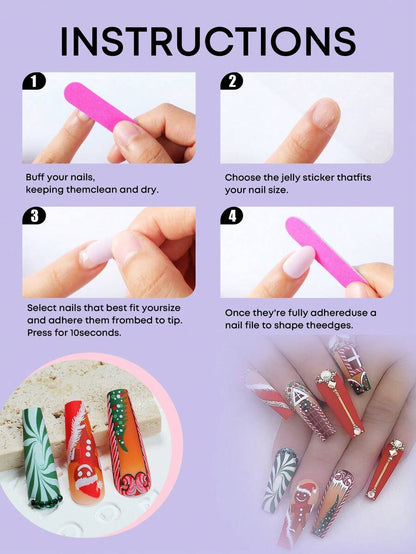 24pcs Long Coffin Christmas Press On Nails, White Elk And Snowflake Design With Gold Glitter, Elegant Glossy Nail Set For Women Daily Use