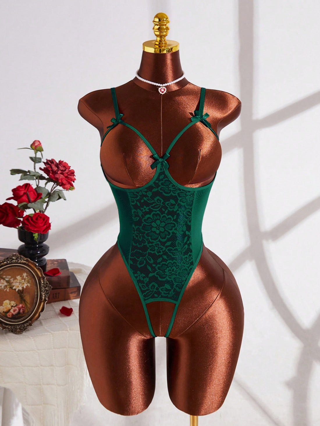 New Solid Lace Sexy Lingerie For Women With Exposed The Chest, Bow Trim With Adjustable Straps, Chest Buckle And Open Crotch Pants Design, Women's Erotic Bodysuit