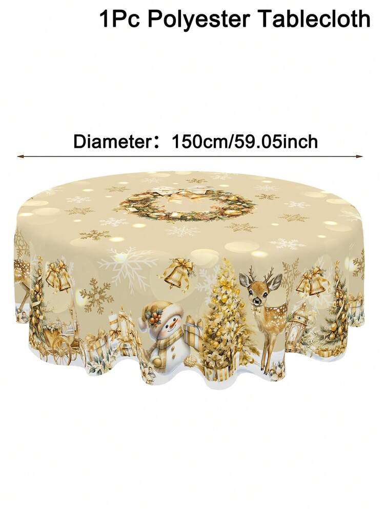 Festive Christmas Tablecloth with Snowman & Reindeer Wreath Design, Polyester Winter Table Cover for Dining Room & Kitchen Holiday Decor