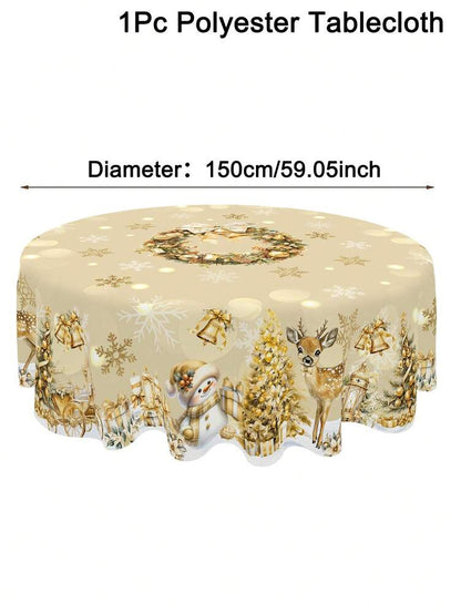 Festive Christmas Tablecloth with Snowman & Reindeer Wreath Design, Polyester Winter Table Cover for Dining Room & Kitchen Holiday Decor