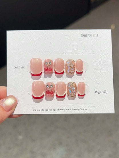 10pcs Short Square Press On Nails, French Heart Minimalist Jelly Pink Design, Handmade Nail Set For Wedding Party Or Daily Wear