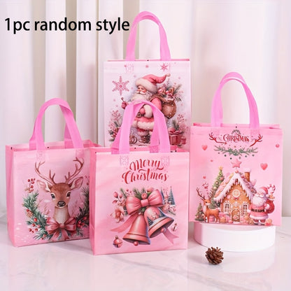 8pcs Pink Christmas Tote Bags with Handles, Reusable Non-Woven Gift Bags with Santa, Elk & Bell Prints for Holiday Packaging & Festive Decor