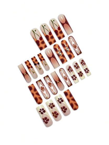 24pcs Soft French Press On Nails, Black And Red Plum Blossom Pattern, Romantic Dark Style Nail Set With File For Women Daily Wear