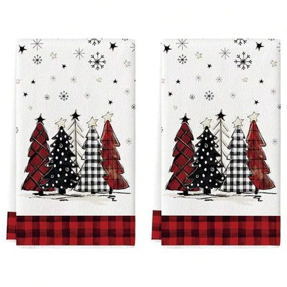2pcs Buffalo Plaid Christmas Kitchen Towels, Santa & Tree Themed Cotton Dish Towels for Seasonal Cooking, Baking & Holiday Home Decor