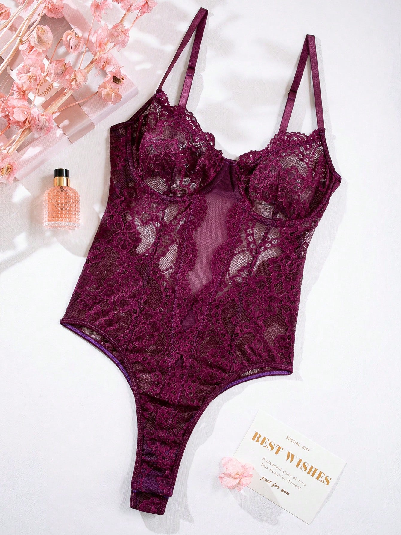 Classic Lace Contrast Semi-Sheer Spaghetti Strap Teddy Lingerie