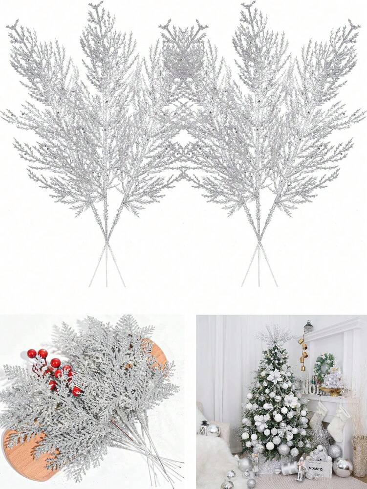 20pcs Glitter Cedar Pine Needles with Sequins, Artificial Blue and Pink Leaves for DIY Garlands, Wedding Bouquets, and Winter Holiday Home Decor