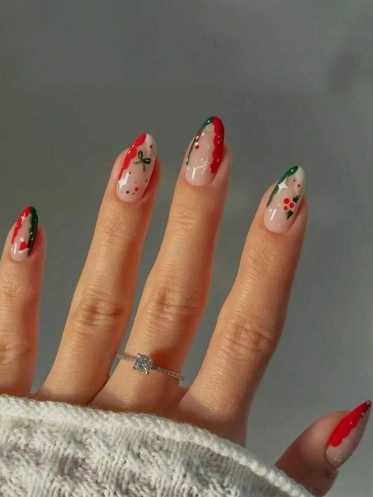 24pcs Almond Christmas Press On Nails, Red Santa Hat Short False Nails, Holiday Nail Set For Women, Office, Date, Party & Everyday Wear