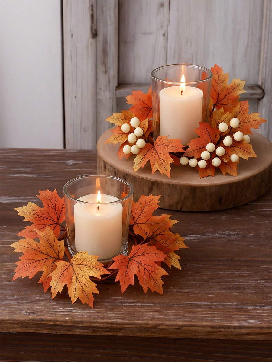 Christmas Candle Ring Holder with Red Flowers, Gold Berries & Greenery, Holiday Table Centerpiece