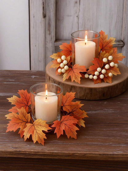 Christmas Candle Ring Holder with Red Flowers, Gold Berries & Greenery, Holiday Table Centerpiece