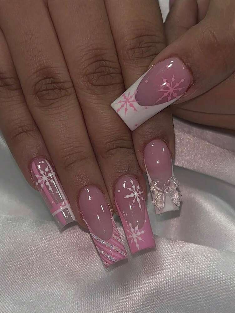 24pcs Long Ballet Christmas Press On Nails, White Snowflakes And Gingerbread Bow Design, 3D Acrylic False Nails For Women Holiday Gift