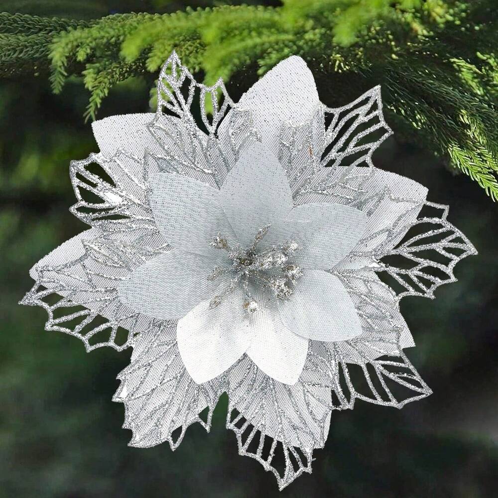 10pcs Glitter Poinsettia Ornaments with Clips & Stems, Sparkling Artificial Christmas Décor for Trees & Wreaths