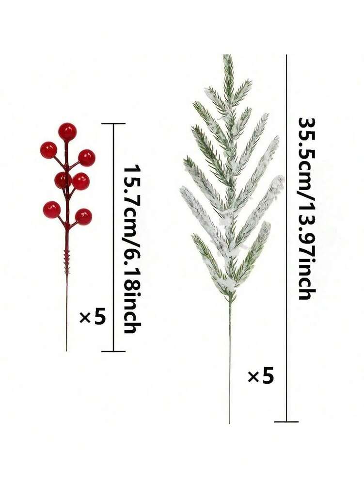 Artificial Pine Branches with Red Berries (2/10pcs), 14-Inch Realistic Greenery for Christmas Wreaths, Canes, Vases, and Holiday Tree Decorations
