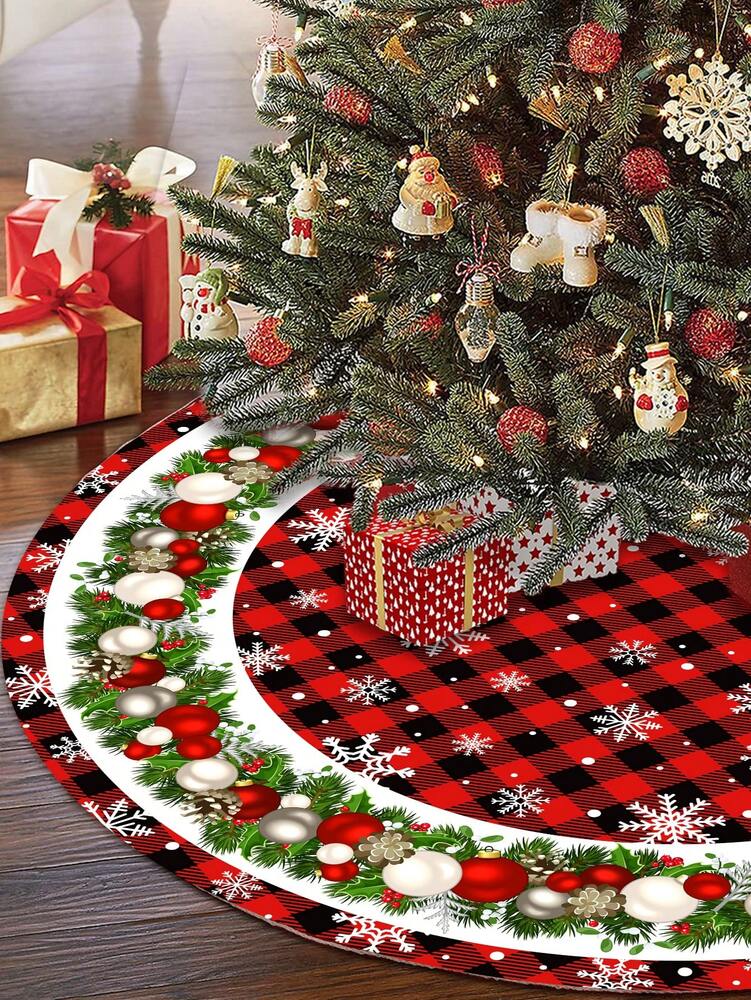 Red & Black Plaid Christmas Tree Skirt, Snowflake Pattern Round Tree Mat, Soft Decorative Base Cover for Living Room & Winter Holiday Home Decor