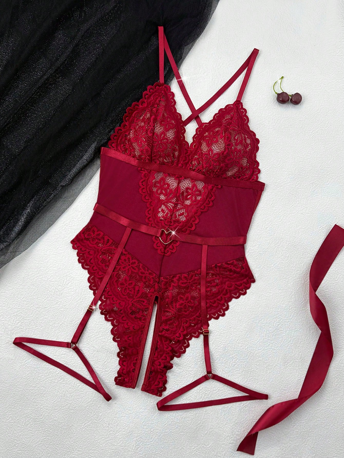 2pcs Women Lace Bodysuit Set With Sheer Fabric Design Including Wireless And Garter Belt Detail, Coordinated Two-Piece Construction, Lightweight And Flexible Fit, Suitable For General Wear And Styling