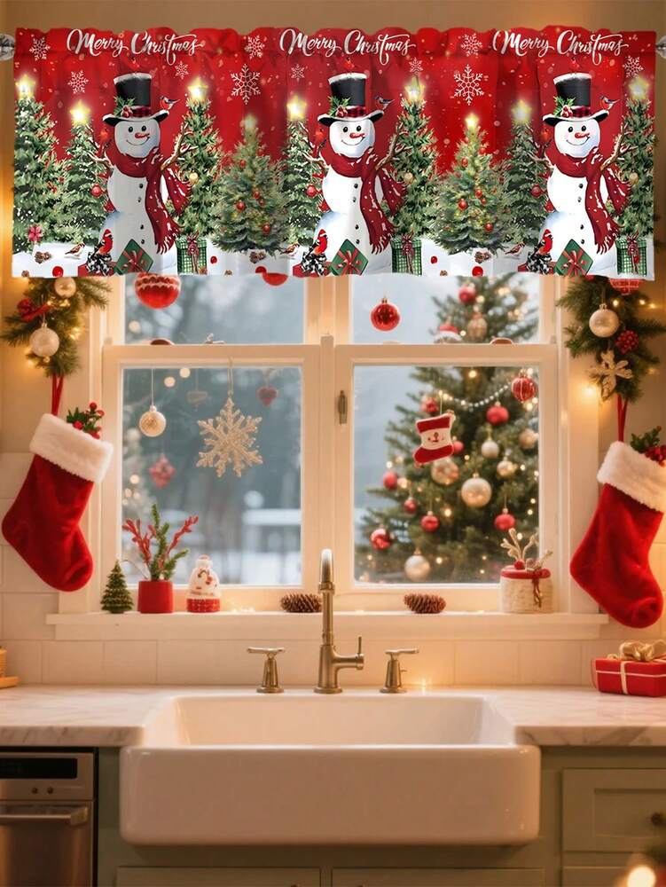 Santa Claus & Snowman Christmas Curtain Valance, 1–2 Piece Polyester Window Decor with Rod Pocket for Kitchen, Living Room or Bedroom