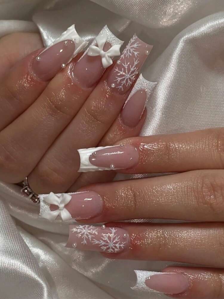 24pcs Long Ballet Christmas Press On Nails, White Snowflakes And Gingerbread Bow Design, 3D Acrylic False Nails For Women Holiday Gift