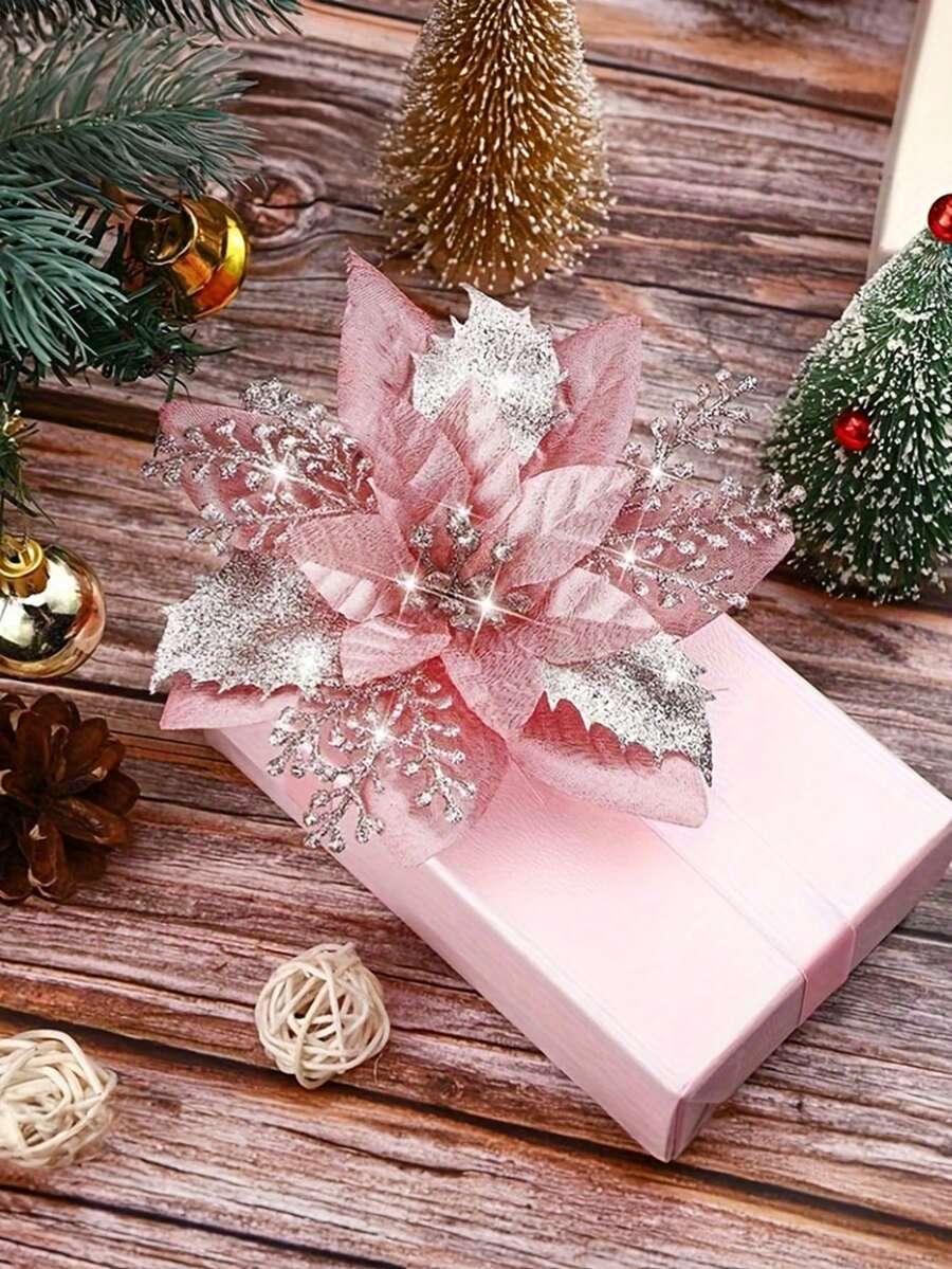 10pcs Blue Poinsettia Christmas Tree Flowers, 5.7" Artificial Holiday Ornaments, Reusable Feather-Free Floral Decorations for Xmas Trees & Home Décor