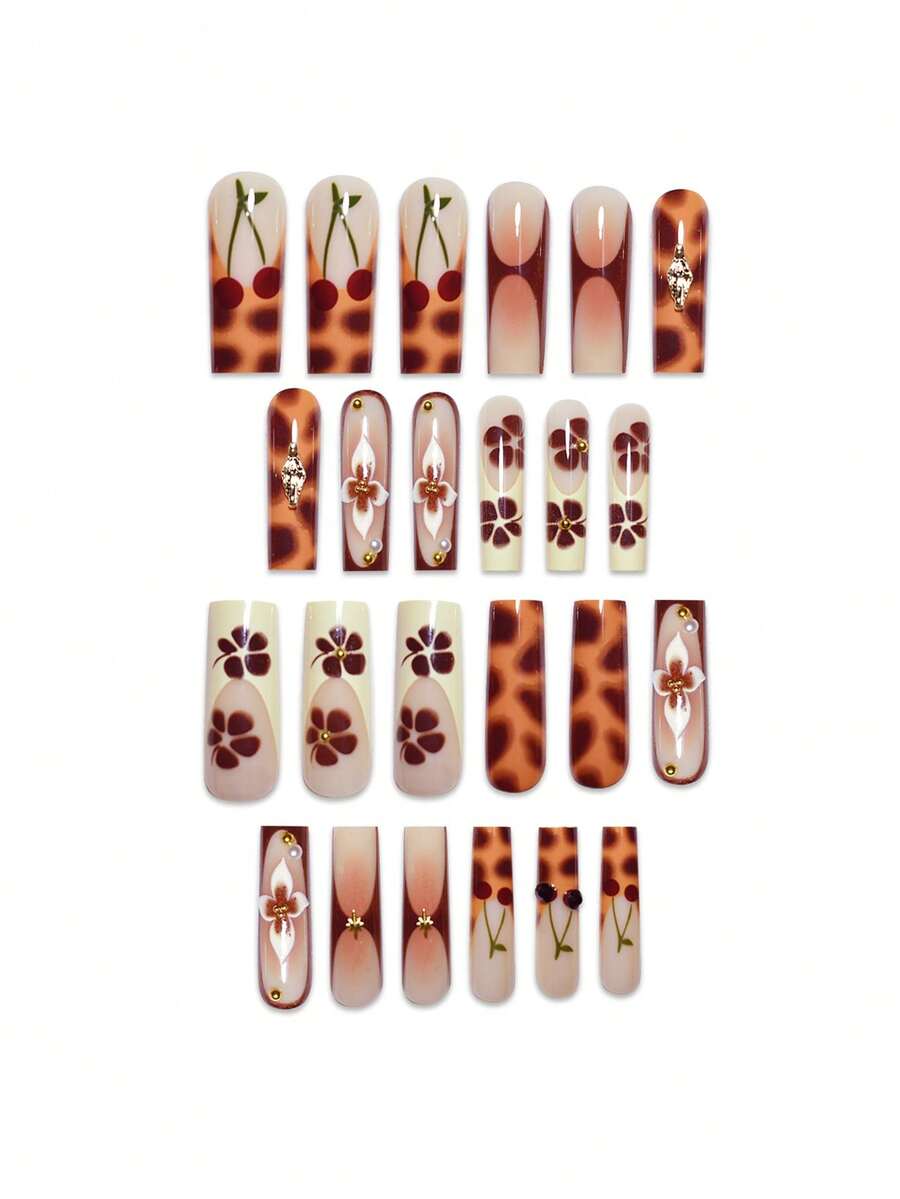 24pcs Soft French Press On Nails, Black And Red Plum Blossom Pattern, Romantic Dark Style Nail Set With File For Women Daily Wear