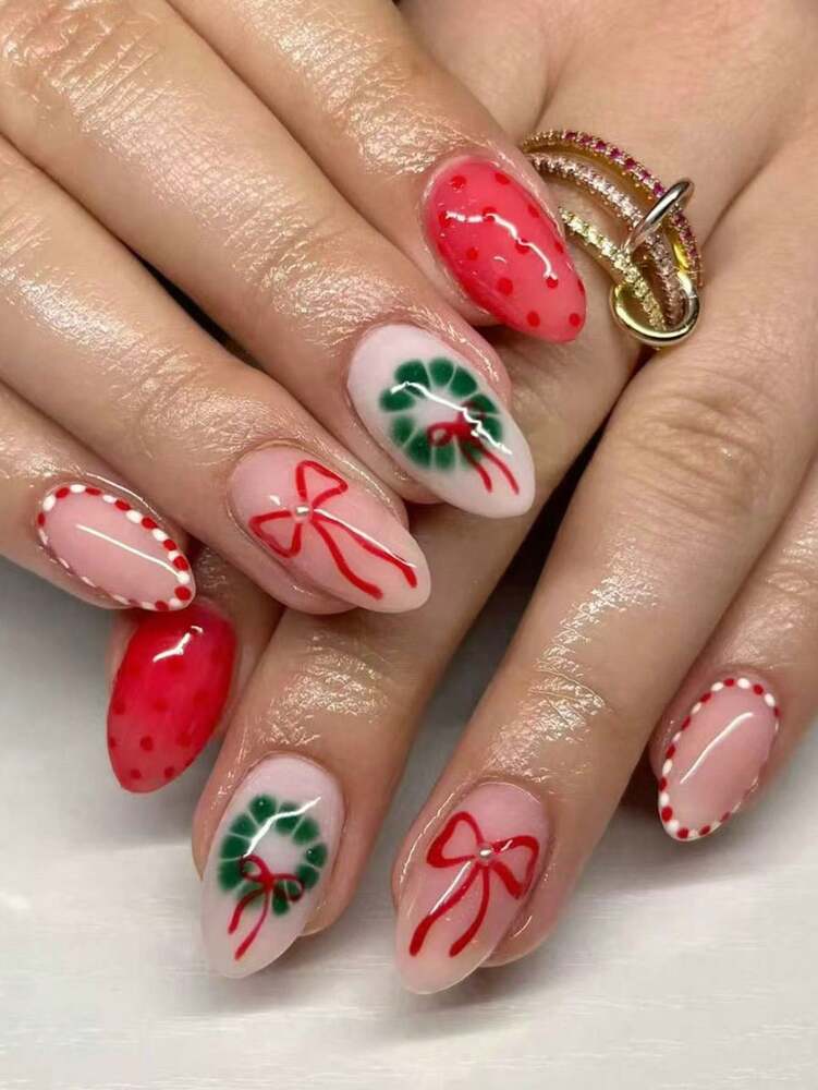 24pcs Almond Christmas Press On Nails, Red Santa Hat Short False Nails, Holiday Nail Set For Women, Office, Date, Party & Everyday Wear