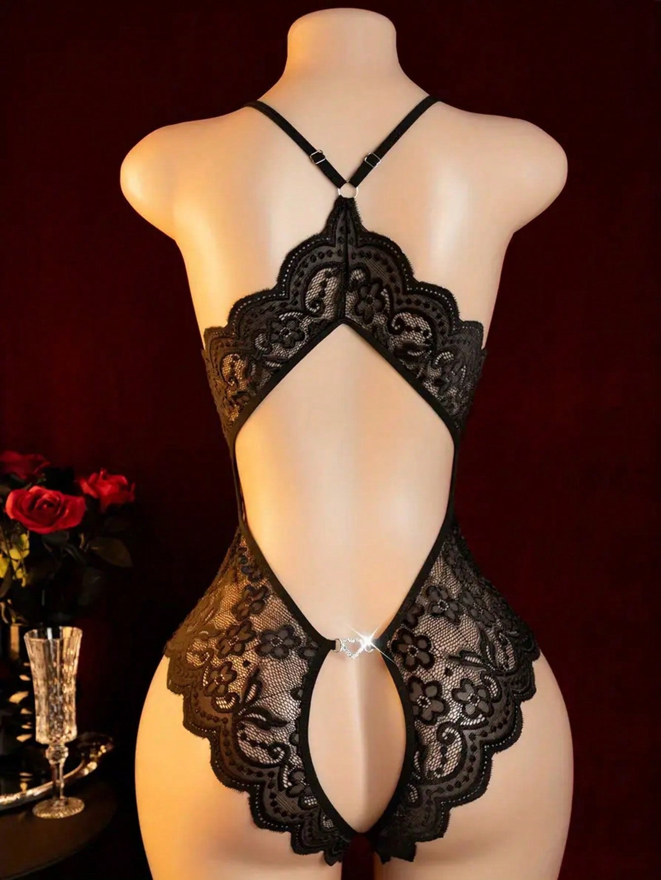 Women One-Piece Lace Bodysuit With Cutout Detail And Hollow Design Elements, Lightweight Fabric Construction, Flexible Fit, Simple Structure, Suitable For General Wear And Styling Use