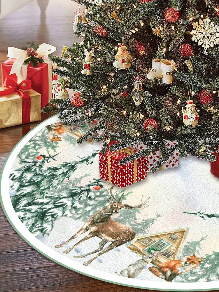 Red & Black Plaid Christmas Tree Skirt, Snowflake Pattern Round Tree Mat, Soft Decorative Base Cover for Living Room & Winter Holiday Home Decor