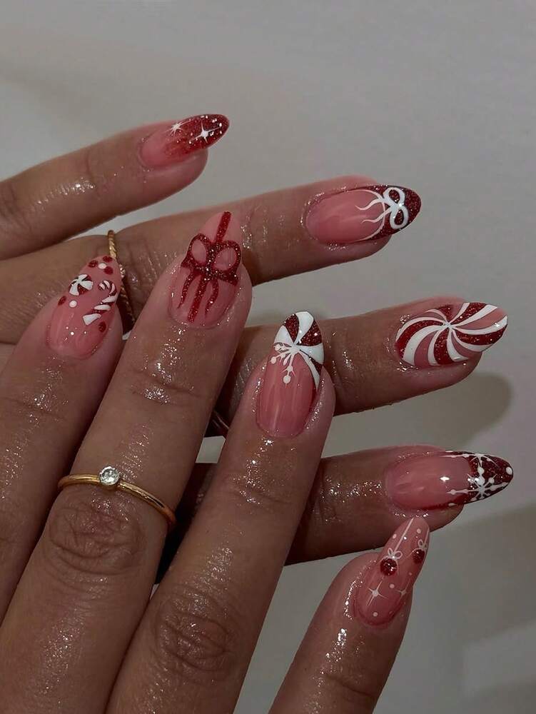 Christmas Long Almond Press On Nails 24pcs, Red French Tips With White Snowflakes And Santa Hat Design, Acrylic False Nails Set For Holiday Or Party