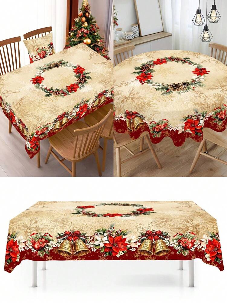 Festive Christmas Tablecloth with Snowman & Reindeer Wreath Design, Polyester Winter Table Cover for Dining Room & Kitchen Holiday Decor