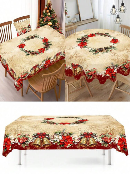 Festive Christmas Tablecloth with Snowman & Reindeer Wreath Design, Polyester Winter Table Cover for Dining Room & Kitchen Holiday Decor