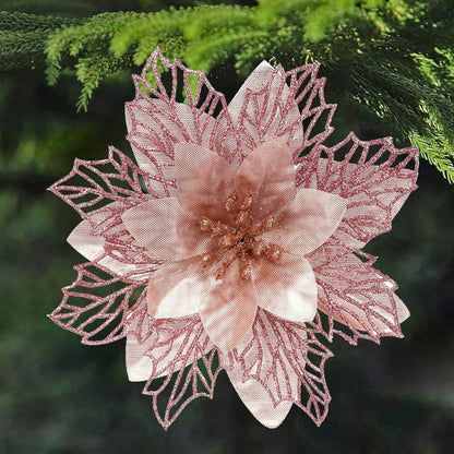 10pcs Glitter Poinsettia Ornaments with Clips & Stems, Sparkling Artificial Christmas Décor for Trees & Wreaths