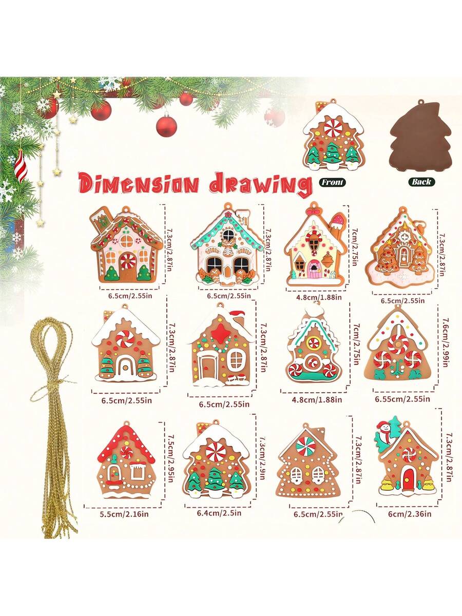 12pcs Gingerbread House Hanging Ornaments, Cute Christmas Tree Decorations for Home, Parties, and Holiday Gift Giving