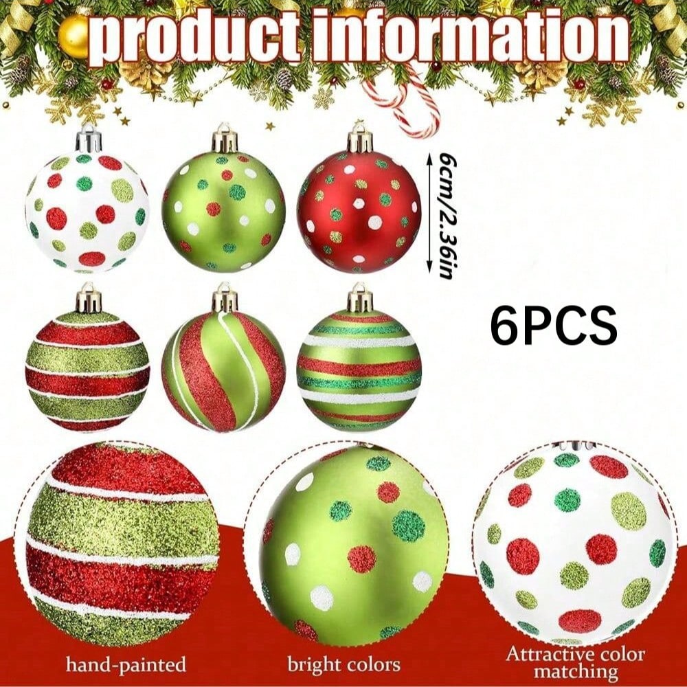 12/6pcs Glitter Christmas Ball Ornaments, Red & Green Swirl Candy and Peppermint Design for Festive Tree & Holiday Decor