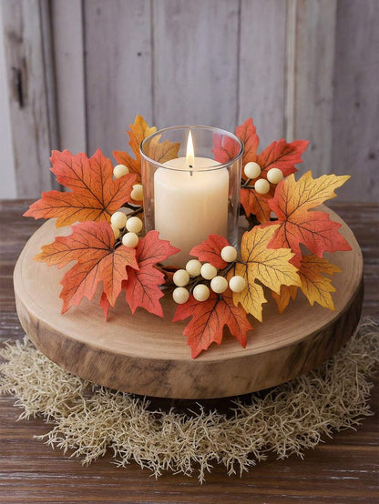 Christmas Candle Ring Holder with Red Flowers, Gold Berries & Greenery, Holiday Table Centerpiece