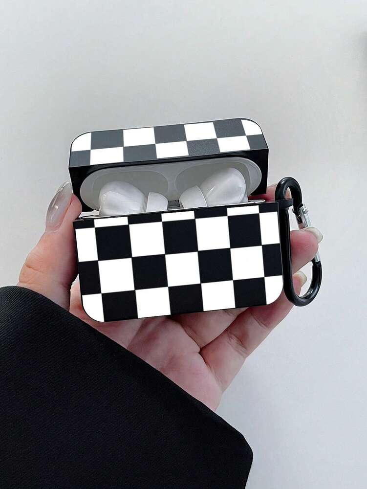 Checkerboard AirPods Case, Black Retro Check Cover with Metal Hook, Compatible with AirPods 1/2/3/Pro/Pro 2, Protective Stylish Design
