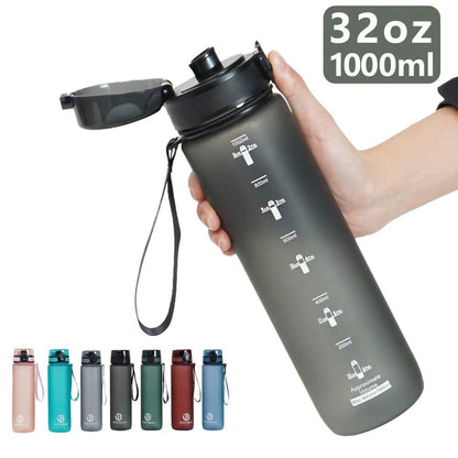 34oz Sports Water Bottle with Time Marker & Carry Strap, Leak-Proof Large Capacity Reusable Bottle for Gym, School, Biking & Outdoor Fitness (1pc)