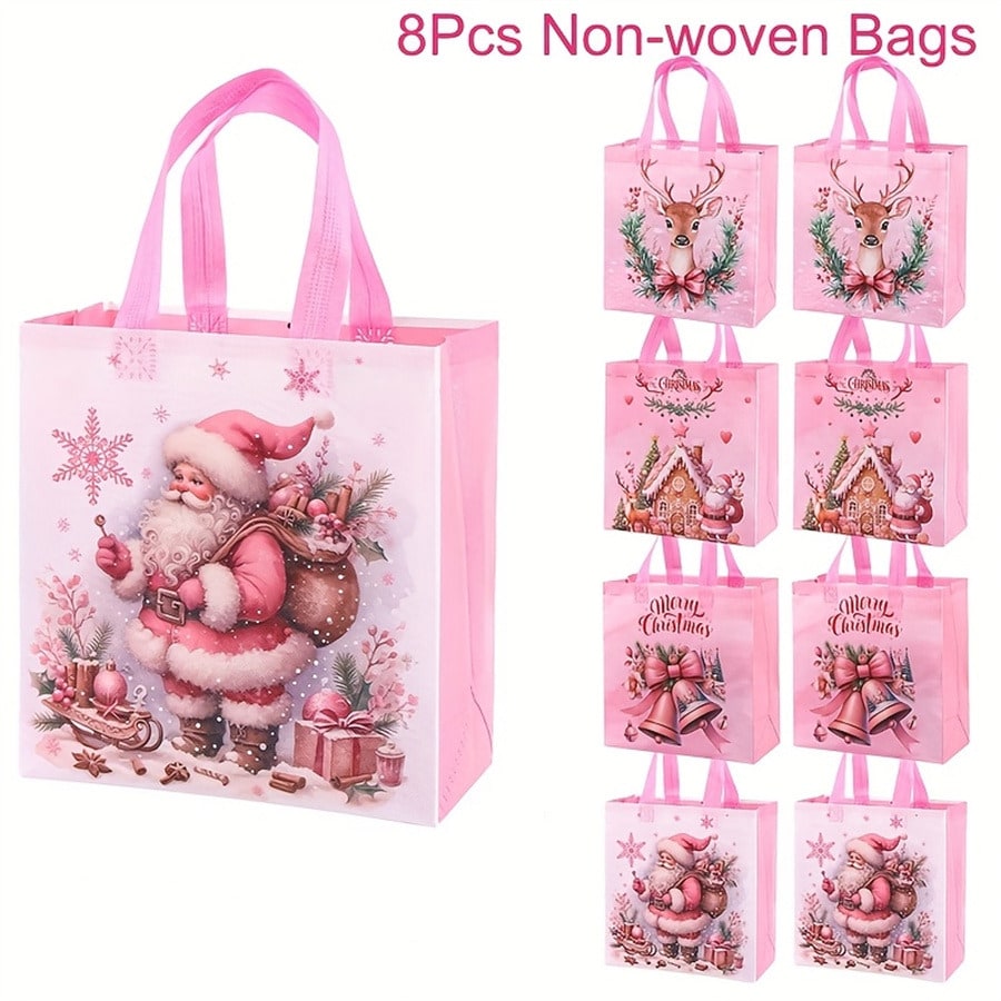 8pcs Pink Christmas Tote Bags with Handles, Reusable Non-Woven Gift Bags with Santa, Elk & Bell Prints for Holiday Packaging & Festive Decor