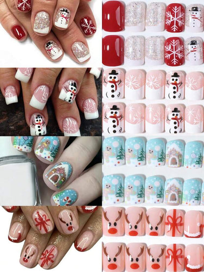 24pcs Christmas Press-On Nails, Short Square Snowman Design with Glitter French Tips, Acrylic False Nail Set with Jelly Glue & File for Holiday Wear