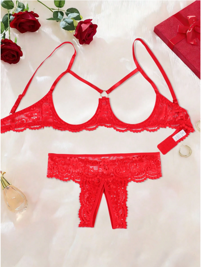 Women's Black Sexy Lace Lingerie Set - Featuring Bowknot Decor Bralette & Open Crotch Lace Tanga Panties For Going Out